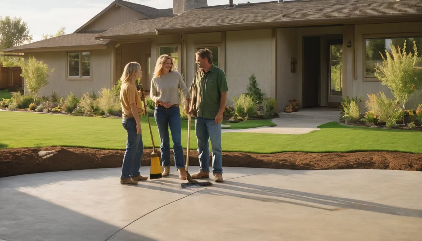 A newly poured concrete patio behind a home in Rogers, set up with outdoor chairs