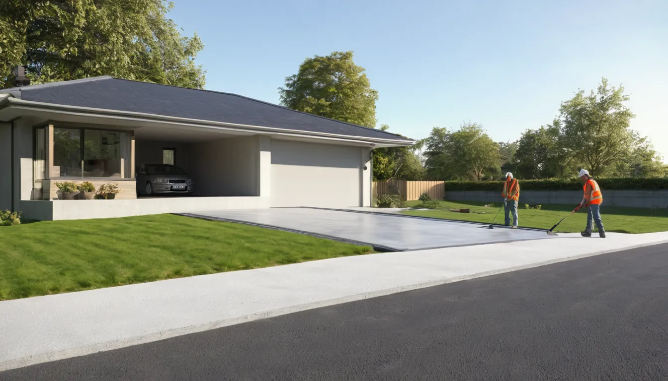 A freshly poured concrete driveway beside a frame house in Rogers